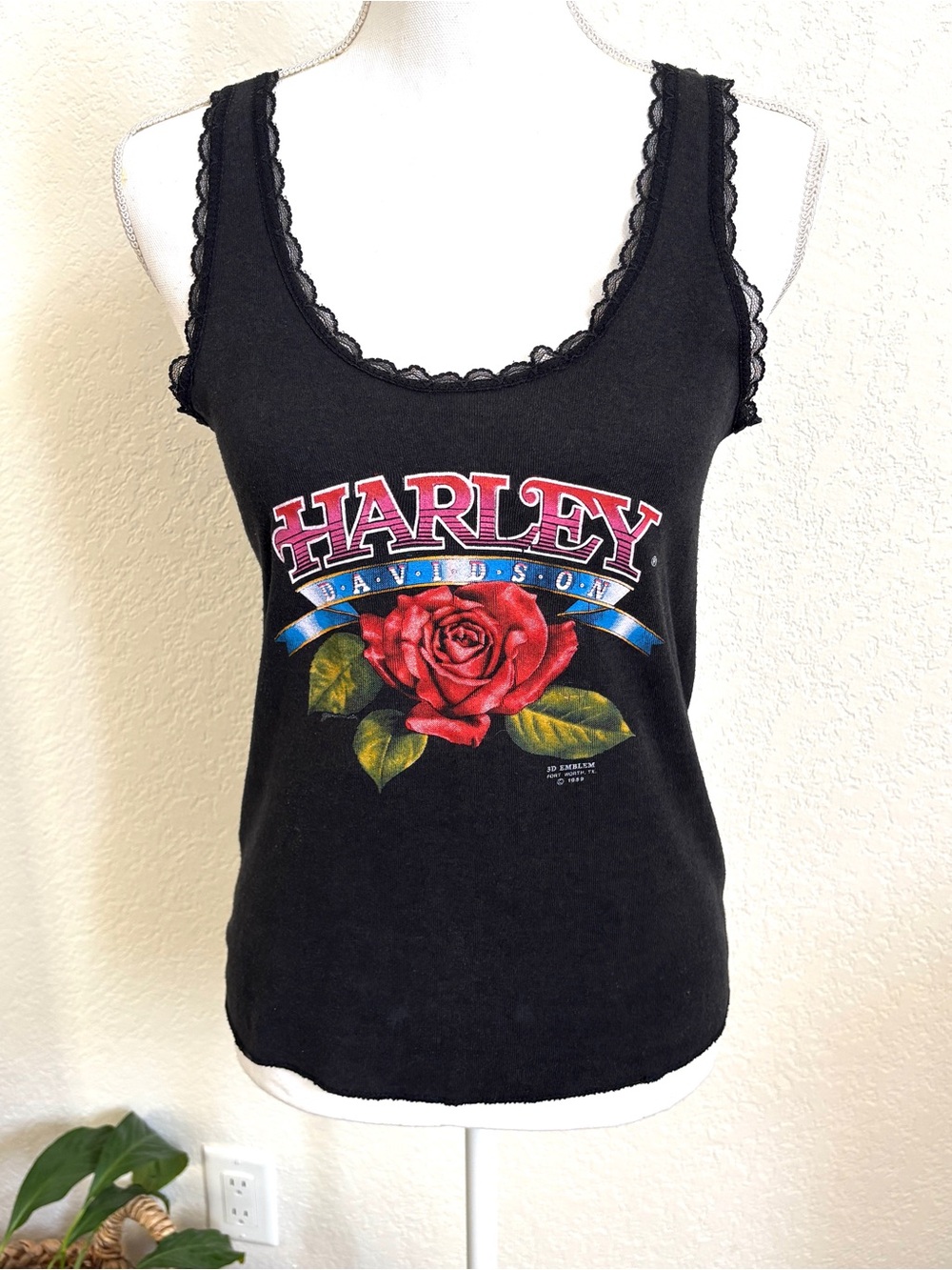 Vintage Harley Davidson Black Lace Rose Graphic 1980’s Tank Top L